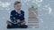 Animation of a boy sitting by a pile of books with a web of connected in background