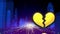 Animation of broken heart over internet icons moving fast on metaverse city background