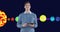 Animation of businessman using tablet over equations and solar system