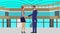 Animation of businessman and women character, cartoon flat design with office modern background