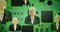 Animation of businesswoman icons over green computer circuit board