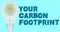 Animation of carbon footprint text and tree in light bulb on blue background