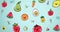 Animation of cartoon fruits and vegetables moving over blue background