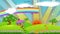 Animation cartoon illustration of cute house cottage on the hill with sunrise and rainbow in kid story concept