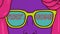 Animation of cartoon purple woman wearing yellow glasses showing colourful neon words Stay At Home