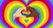 Animation of caucasian and african american hands making heart sign over rainbow hearts
