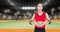 Animation of caucasian female handball player holding ball over sports stadium