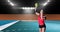 Animation of caucasian female handball player holding ball over sports stadium