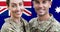 Animation of caucasian male and female soldiers over flag of australia