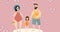 Animation of caucasian parents with daughter in beach wear over pink background with hearts