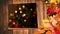 Animation of christmas fairy lights flickering on wooden background