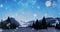 Animation of christmas snowflakes falling over snow covered landscape with full moon