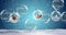 Animation of clear christmas baubles hanging and snow falling on blue background