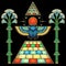 Animation color drawing: Divine scarab beetle sits atop  pyramid holds disk of sun. Ornamental trees.