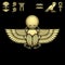 Animation color drawing:  sacred Egyptian beetle scarab holds the sun.  Set of hieroglyphs.