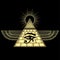 Animation color  drawing: winged Egyptian pyramid, eye of Horus, divine shining sun.