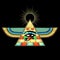 Animation color  drawing: winged Egyptian pyramid, eye of Horus, divine shining sun.