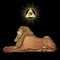 Animation color portrait: Egyptian sphinx body of a lion and the head of a man. Divine sun.