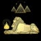 Animation color portrait: Egyptian sphinx body of a lion and the head of a man. Ritual fire, ancient pyramids.