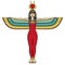 Animation color portrait: Egyptian winged goddess Isis with horns and a sun disk on her head. Full  growth.
