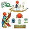 Animation color set of ancient Egyptian symbols. Sacred bird falcon, god Ra sailing in a boat.