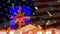 Animation of confetti falling with american flag over las vegas casino sign