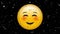 Animation of confetti falling over happy blushing emoji, on black background
