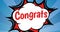 Animation of congrats text in speech bubble on blue background