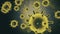 Animation of coronavirus covid-19 cells in yellow color and isolated on a black background under magnification in an