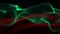 Animation of curved green mesh structure over undulating red 3d landscape on black background