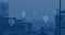 Animation of digital location icons flying over cityscape