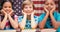 Animation of diverse group of students smiling over american flag