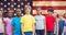 Animation of diverse group of students smiling over american flag