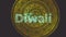 Animation of diwali text with fireworks over oriental gold circle pattern on brown background