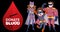 Animation of donate blood text with blood drop and superheroes on black background