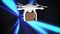 Animation of a drone with a parcel flying on the black background with blue lights