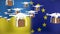 Animation of drones flying over flags of ukraine and eu