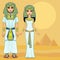 Animation Egyptian imperial family in ancient clothes. Full growth. Background - the desert, the Egyptian pyramids.