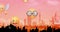 Animation of emoji icons flying up over silhouetted cityscape on pink