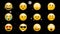 Animation of emojis icons over moving white spots on black background