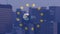 Animation of euro symbol with rising percentage and flag of european union, over modern cityscape