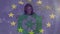 Animation of european union stars over connections and caucasian woman with recycling sign