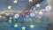 Animation of european union stars over connections, clouds and hands of woman recycling plastic