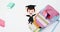 Animation of excited schoolboy and colourful books moving over schoolbag and stationery