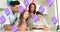 Animation of failing balloons over caucasian family celebrating birthday