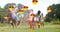 Animation of falling love emoji over happy diverse children