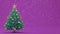 Animation of falling snow. Christmas tree with toys and a star on an violet background. Place for your text. Postcard