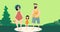 Animation of family holding hands and wearing swimming suits on green background