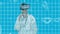 Animation of female doctor wearing virtual reality headset against grid with map lines