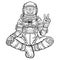 Animation figure of the astronaut skeleton sitting in Buddha pose.